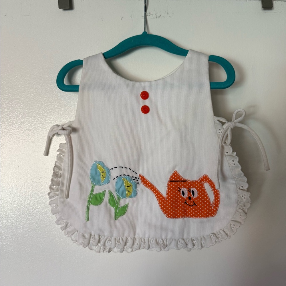 Adorable Handmade White Kids Apron with Orange Watering Can Design - Vintage